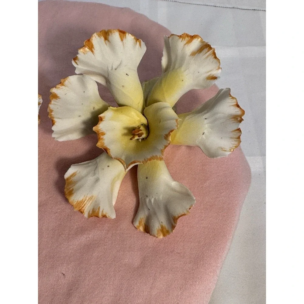 2 Vintage Capodimonte Porcelain Orchid Flower Delicate Bisque Yellow & White